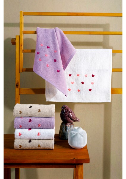30X50 cm 6'lı Kalp Nakışlı El & Mutfak & Yüz Çeyizlik Hediyelik Havlu Seti
