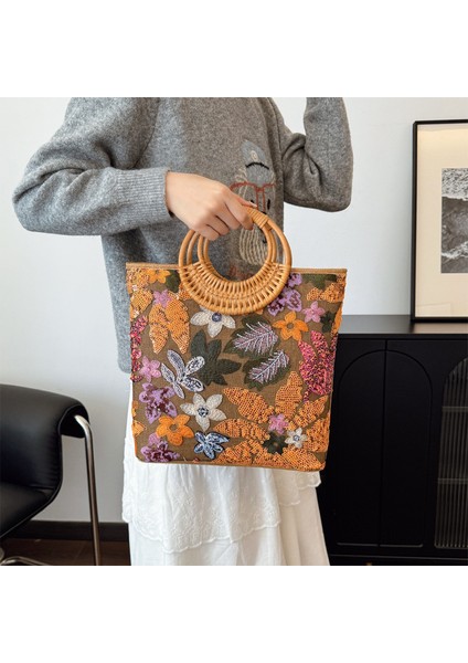 Payetli Hasır Bayan Tote Çanta - Turuncu (Yurt Dışından) fiyatları