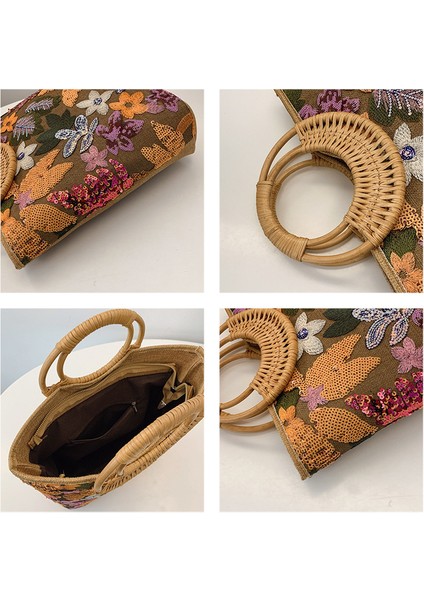 Payetli Hasır Bayan Tote Çanta - Turuncu (Yurt Dışından) fırsatları