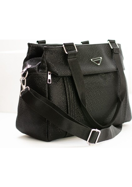 Kadın Çapraz Askılı Çok Bölmeli Siyah Desenli El ve Omuz Çantası