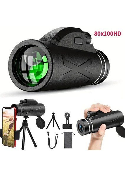 Tripod ve Telefon Adaptörü Ile 80X100 Hd Monoküler Teleskop/bak4 Prizma Uzun Menzilli Zoom/kuş Gözlemciliği Için Taşınabilir, Kamp/gece Görüş Su Geçirmez (Yurt Dışından)