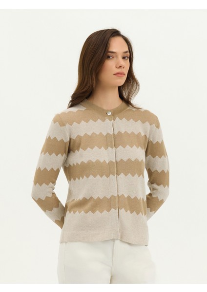 Kadın Regular Fıt Triko Hırka-Bej Melanj