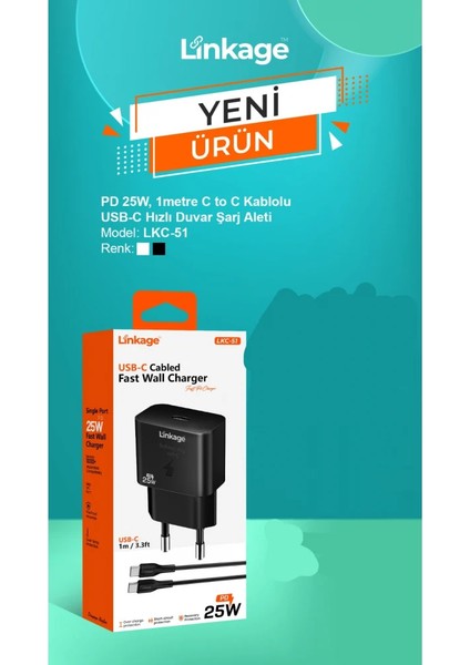 Linkage Lkc-51 25W Tekli Usb-C Girişli Qc3.0 Pd, C To C Kablolu Hızlı Duvar Şarj Aleti
