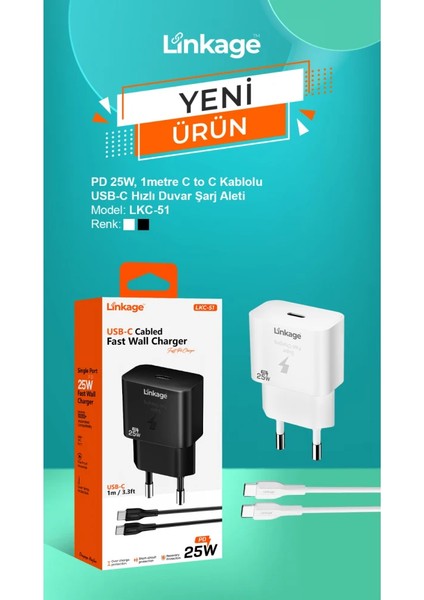 Linkage Lkc-51 25W Tekli Usb-C Girişli Qc3.0 Pd, C To C Kablolu Hızlı Duvar Şarj Aleti modelleri