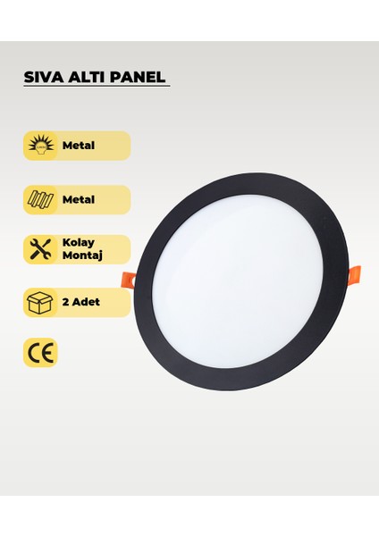 18W Sıva Altı Yuvarlak Siyah LED Panel 3200K Sarı Işık 2 Adet