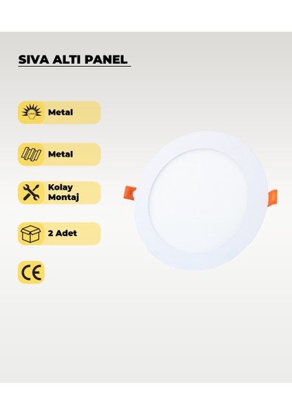 12W Sıva Altı Yuvarlak Slim LED Panel 4000K Gün Işığı - 2 Adet