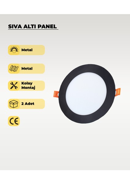 9W Siyah Sıva Altı Yuvarlak LED Panel 3200K Sarı Işık 2 Adet