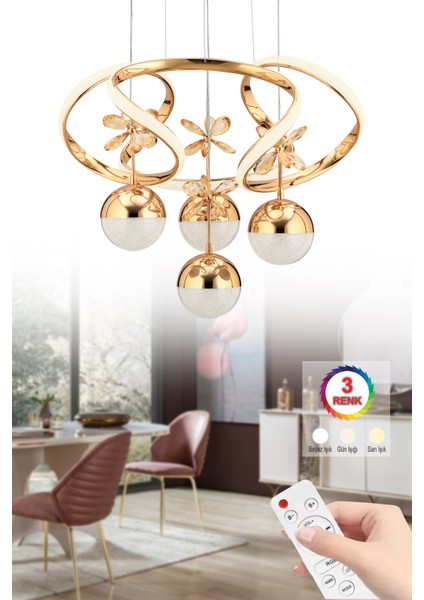 Istanbul Avize Rodin 3+1 Gold Kumandalı Sarkıt Üç Renk Kristal Taşlı Avize