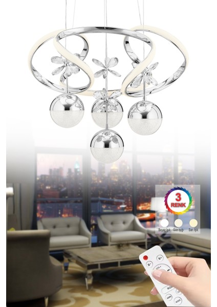 Istanbul Avize Rodin 3+1 Gümüş Kumandalı Sarkıt Üç Renk Kristal Taşlı Avize