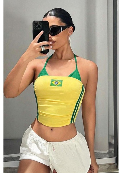 Sarı Brasil Y2K Yeşil Ek Askılı Crop