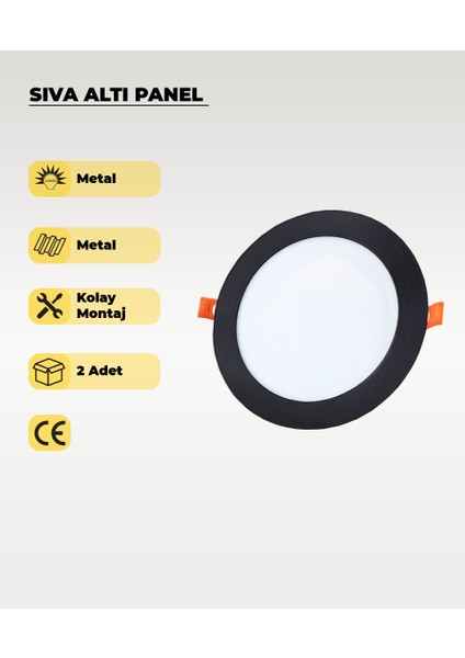 12W Siyah Sıva Altı Yuvarlak Slim LED Panel 6500K Beyaz Işık 2 Adet