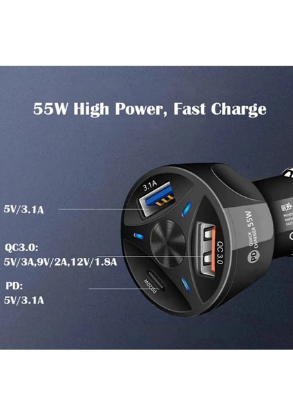 Araç Çakmaklık Şarjı 2 USB + 20W Pd Şarj Çıkışlı Hızlı Şarj Destekli 55W Qc 3.0 modelleri