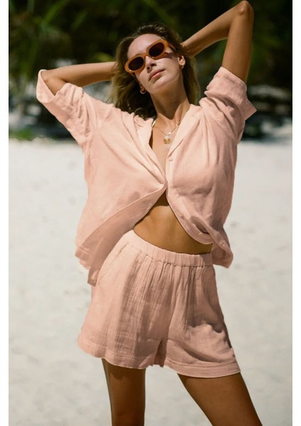 Kadın Müslin Plaj Seti - Gömlek ve Şort Takımı - Plaj, Günlük. - 2 Katdoğal Müslin Kumaş.