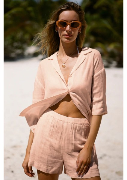 Kadın Müslin Plaj Seti - Gömlek ve Şort Takımı - Plaj, Günlük. - 2 Katdoğal Müslin Kumaş. modelleri