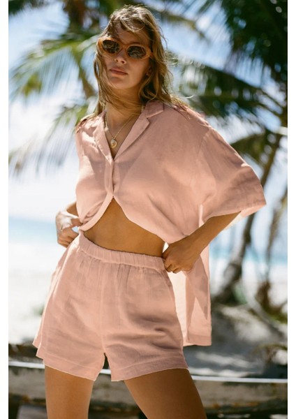Kadın Müslin Plaj Seti - Gömlek ve Şort Takımı - Plaj, Günlük. - 2 Katdoğal Müslin Kumaş.