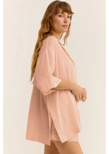 Kadın Müslin Plaj Seti - Gömlek ve Şort Takımı - Plaj, Günlük. - 2 Katdoğal Müslin Kumaş.