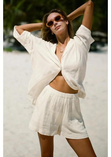 Kadın Müslin Plaj Seti - Gömlek ve Şort Takımı - Plaj, Günlük. - 2 Katdoğal Müslin Kumaş.