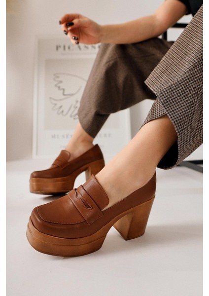 Kadın Kahverengi Topuklu Platformlu Ayakkabı Deri Malzeme ile Şık Tasarım indirimleri