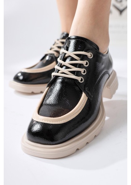 Niven Siyah Kırışık Rugan Bej Detaylı Makosen Ayakkabı