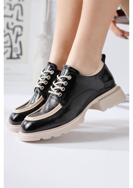 Niven Siyah Kırışık Rugan Bej Detaylı Makosen Ayakkabı modelleri