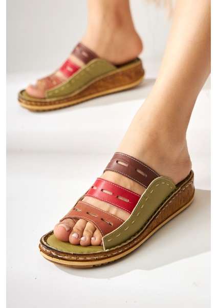 Hakiki Deri Joelle Yeşil Comfort Lazer Kesim Terlik