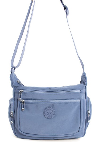 Kadın Çok Gözlü Suya Dayanıklı Krinkıl Kumaş Mavi Renkli Ayarlanabilir Çapraz Askılı Omuz Çantası