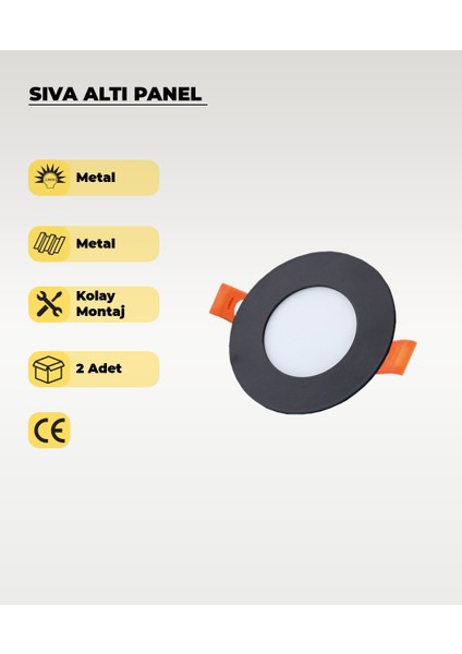 3W Siyah Sıva Altı Yuvarlak Slim LED Panel Beyaz Işık 2 Adet