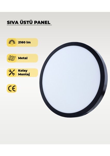 24w Siyah Sıva Üstü Yuvarlak Led Panel 3200k Sarı Işık