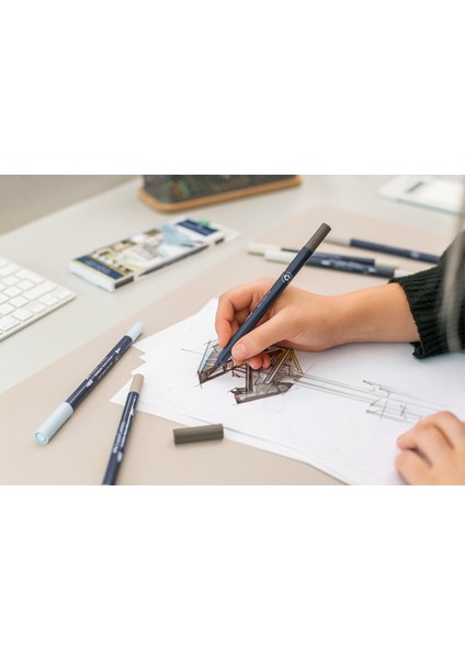 Goldfaber Sketch Marker Seti, Architect, Mimari Projeler İçin, Su Bazlı, Fırça ve Fineliner Uçlu