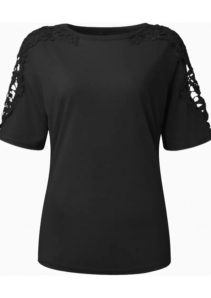 Kadın Kısa Kollu Bisiklet Yaka Kolları Çiçekli Güpür Detay Viskon Bluz fırsatları