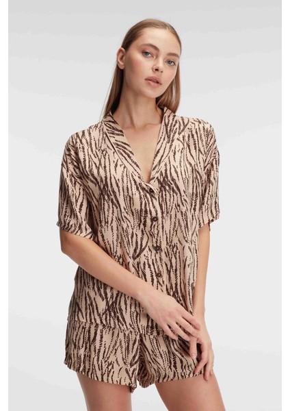 9898 Kadın Kısa Kol Viskon Kumaş Desenli Pijama Takımı