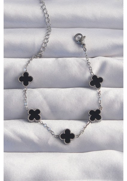 316L Çelik Baby Boy Gümüş Renk Siyah Mineli Yonca Bileklik - TJ-BB6275