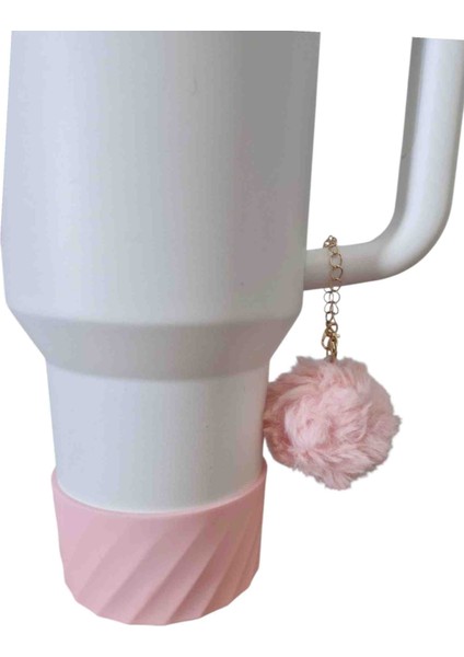 Termos Uyumlu Pembe Silikon Altlık + Pofuduk Ponpon Charm Seti (Termos Hariçtir)