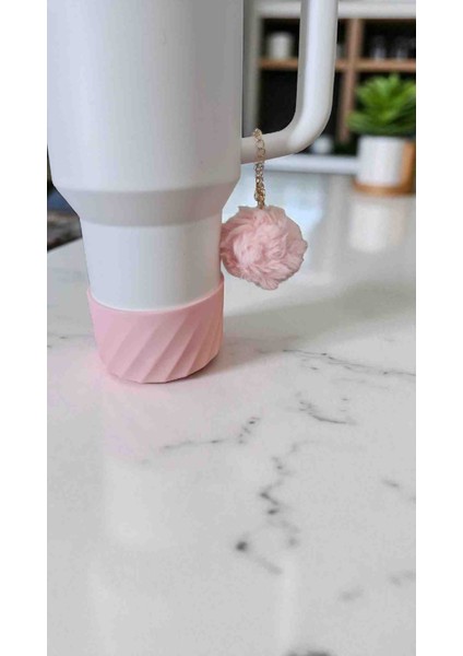 Termos Uyumlu Pembe Silikon Altlık + Pofuduk Ponpon Charm Seti (Termos Hariçtir)