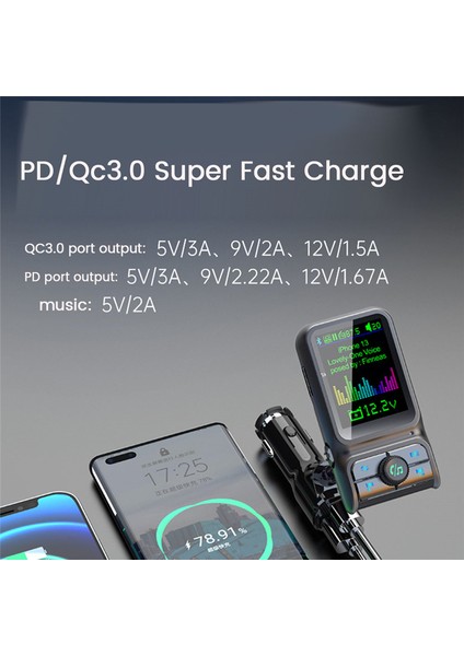 Qc3.0 Hızlı Şarj Araba Bluetooth Mp3 Çalar Fm Verici Hd Ekran (Yurt Dışından)