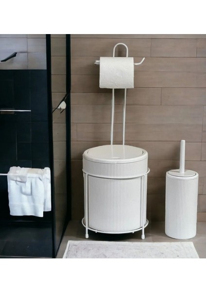 Lüks Banyo Mutfak Çöp Kovası Metal Standlı Tuvalet Wc Kağıtlık ve Fırça Seti