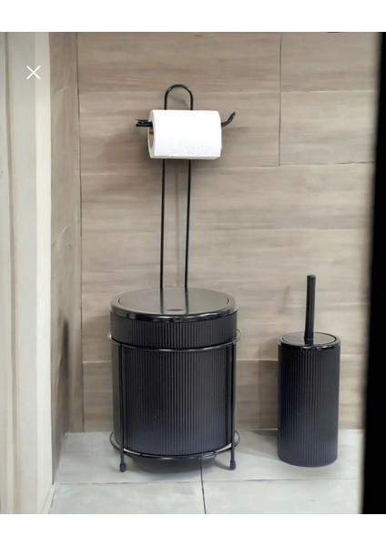 Lüks Banyo Mutfak Çöp Kovası Metal Standlı Tuvalet Wc Kağıtlık ve Fırça Seti