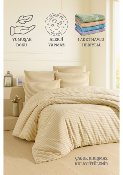 Çizgili Lastikli Çarşaflı Çift Kişilik Nevresim Takımı