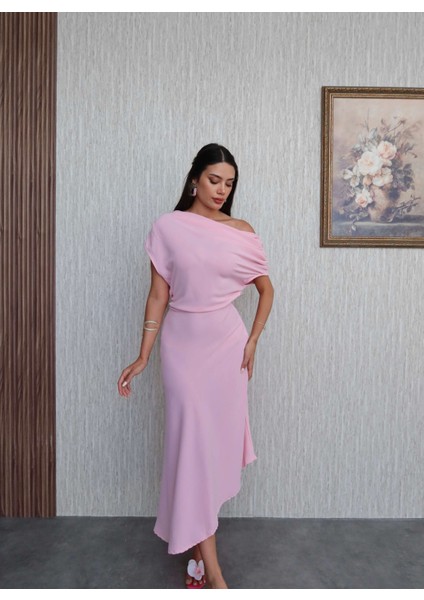 Drapeli Degaje Yaka Asimetrik Elbise fiyatları