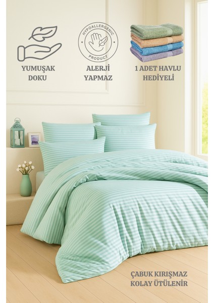Çizgili Lastikli Çarşaflı Çift Kişilik Nevresim Takımı