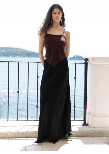 Eubah Kırışık Uzun Siyah Saten Etek modelleri