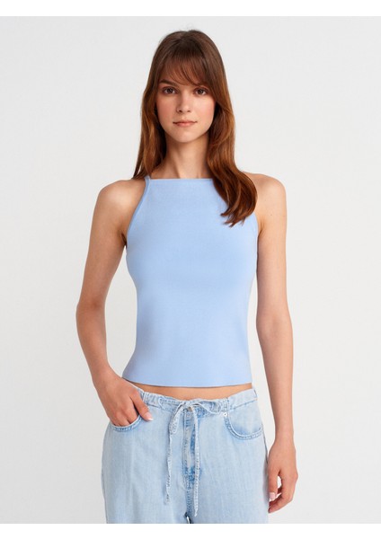 10772 Askılı Fiyonk Detaylı Triko Bluz-Mavi