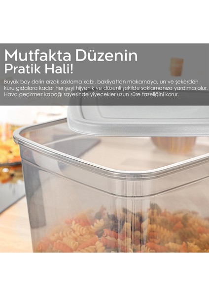 8 Adet Derin Erzak Saklama Kabı - Büyük Boy Gıda Un Bakliyat Kabı Erzak Kutusu Antrasit 5300 ml