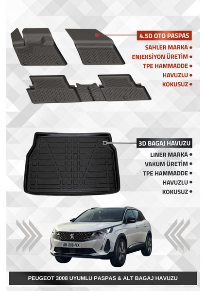 Peugeot 3008 2016-2024 Uyumlu 4.5d Premium Havuzlu Oto Paspas ve Liner Marka 3D Alt Bagaj Havuzu