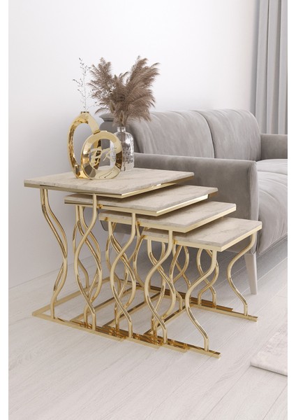 Hayal 4'lü Kare Zigon Sehpa Gold Ayak, Traverten Mdf fiyatları