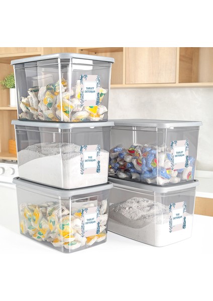 5'li Mega Boy Deterjan Saklama Kutusu - Dikdörtgen Toz Tablet Deterjan Kutusu Antrasit 5,3 Litre