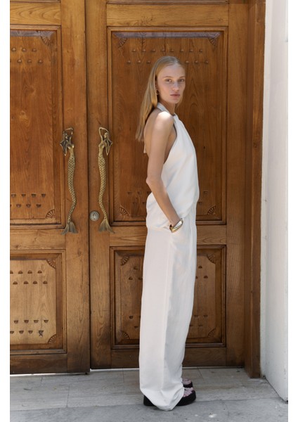 Prasetsah Bağlamalı Ekru Crop Pantolon Takım