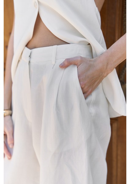 Prasetsah Bağlamalı Ekru Crop Pantolon Takım