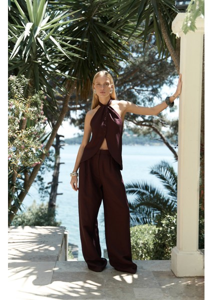 Prasetsah Bağlamalı Bordo Crop Pantolon Takım