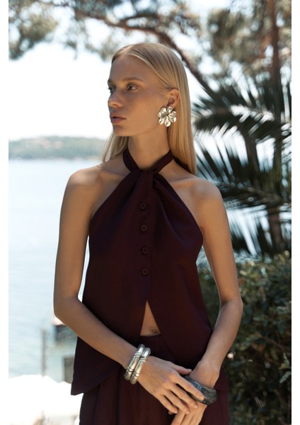 Prasetsah Bağlamalı Bordo Crop Pantolon Takım
